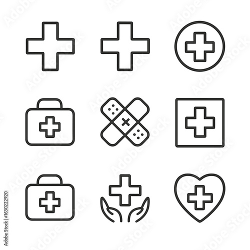 Medical Cross Icons. Outline icon set of healing and cross: first aid cross, red cross, health symbol, medical kit cross, bandage