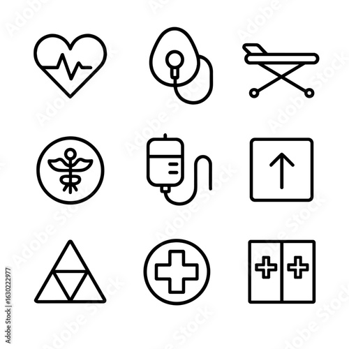 Medical Emergency Icons Set. Outline icon set of medical emergency: heart rate spike, oxygen mask, ambulance stretcher, emergency