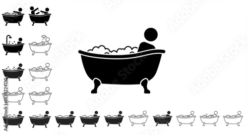 Silhouettes Human Bathing and Shower   Vector Set – Hygienic Activities Icons, Bathroom Routine, Body Wash, Bath Tub, Male and Female Figures, Editable Clipart on White  Backgrounds