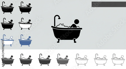Silhouettes Human Bathing and Shower   Vector Set – Hygienic Activities Icons, Bathroom Routine, Body Wash, Bath Tub, Male and Female Figures, Editable Clipart on Light Color Backgrounds