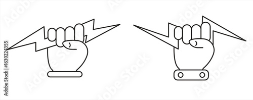 Lightning line icon with Hand, Electric power symbol, Power energy sign, vector illustration

