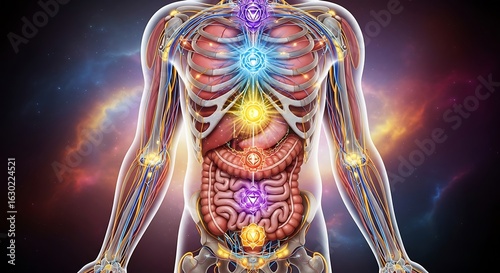 Detailed anatomical illustration of the human torso.