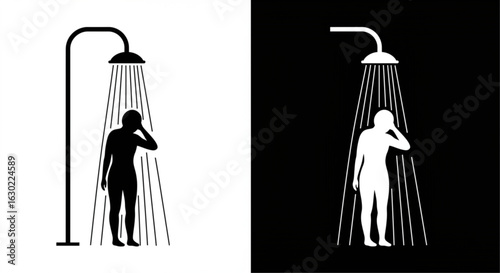 Silhouettes Human Bathing and Shower   Vector Set – Hygienic Activities Icons, Bathroom Routine, Body Wash, Bath Tub, Male and Female Figures, Editable Clipart on White and Black Backgrounds