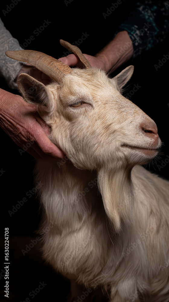 Fototapeta premium Goat Being Groomed by Farmer