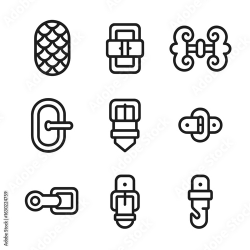 Medieval Buckle Icons. Outline icon set of medieval buckles: chainmail buckle, armor strap, cloak clasp, leather harness clip,