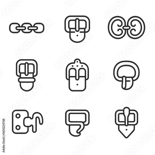 Medieval Buckle Icons. Outline icon set of medieval buckles: chainmail buckle, armor strap, cloak clasp, leather harness clip,