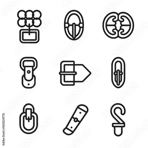 Medieval Buckle Icons. Outline icon set of medieval buckles: chainmail buckle, armor strap, cloak clasp, leather harness clip,