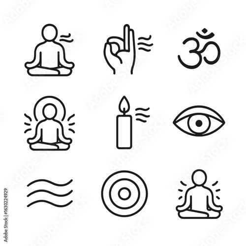 Meditation Icon Set. Outline icon set of meditative breath: sitting pose with air, hand mudra with breath, breath mantra symbol,
