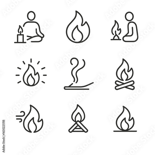 Meditative Fire Icons. Outline icon set of fire for meditation and healing: candle meditation, soothing flame, fire gazing,