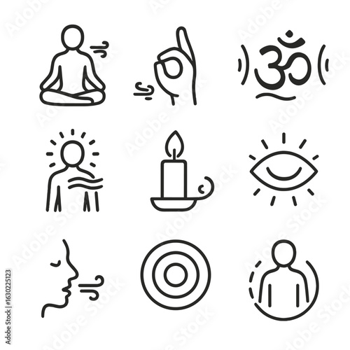 Meditative Breath Icons. Outline icon set of meditative breath: sitting pose with air, hand mudra with breath, breath mantra