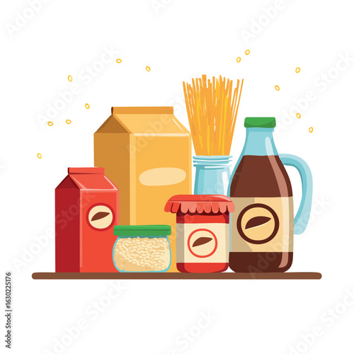 Vector set of essential food pantry items. Assorted groceries including pasta, grains, jam, sauce, and cartons on a shelf.