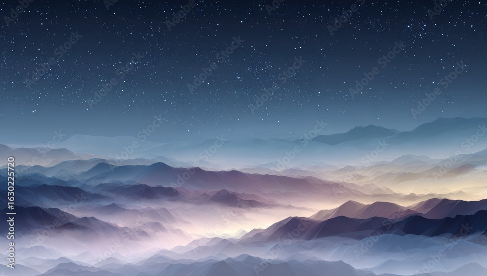 Obraz premium Misty mountain range at night under a starry sky