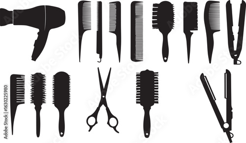 Comprehensive set of black silhouette hairdressing tools and accessories on white background Keywords: hairdryer, comb, hairbrush, scissors, hair styling, salon, beauty, hair care, grooming