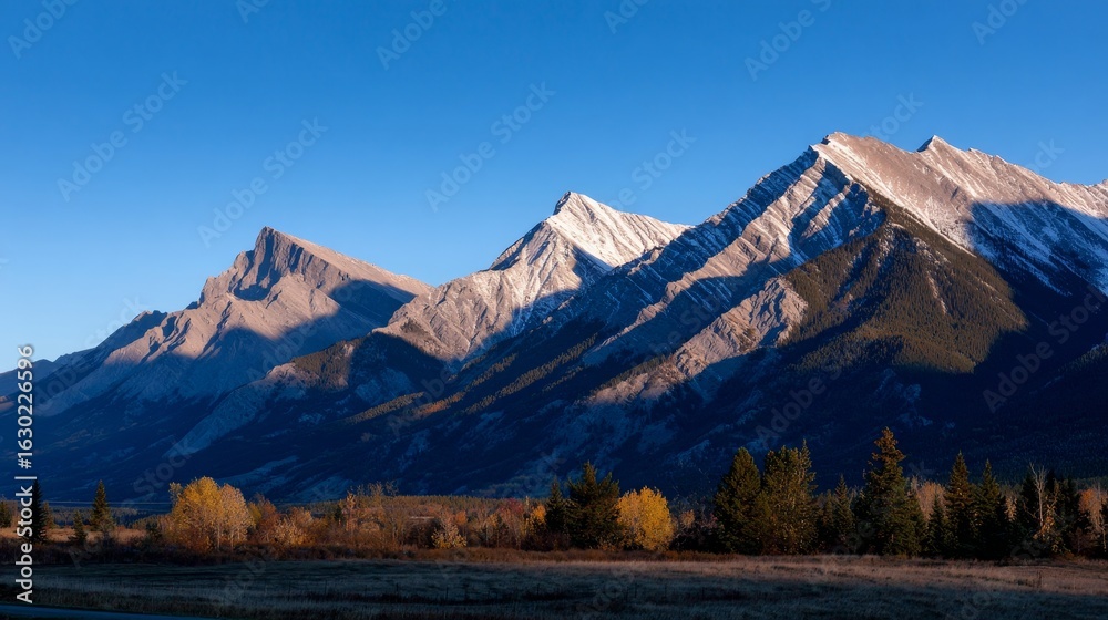 Fototapeta premium Majestic rocky mountains at sunrise with snow-capped peaks and autumn forest