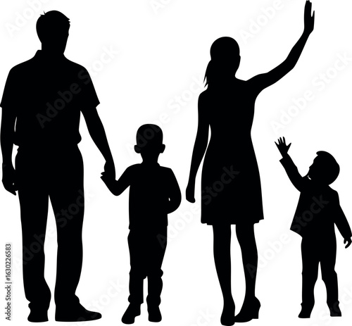 Silhouette of a happy family waving and holding hands