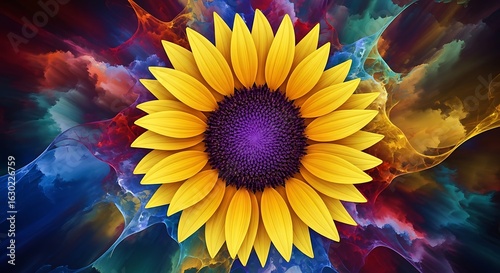 Vibrant sunflower in a colorful abstract background.