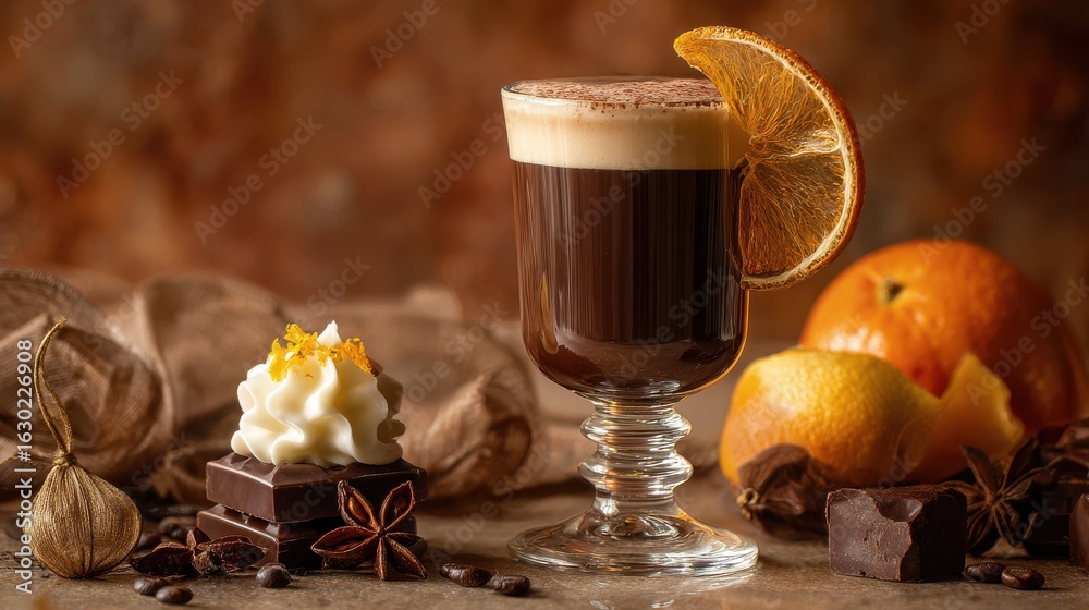 Obraz premium Rich Chocolate Coffee Drink with Orange Garnish and Whipped Cream on Rustic Background with Slices of Orange and Dark Chocolate