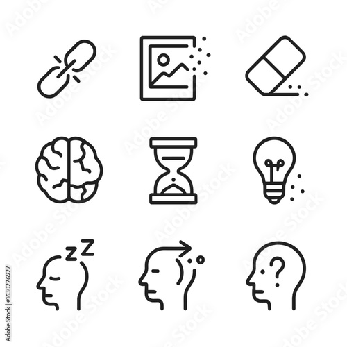 Memory Degradation Icons. Outline icon set of memory degradation signs: broken chain, fading photo, eraser, cracked brain,