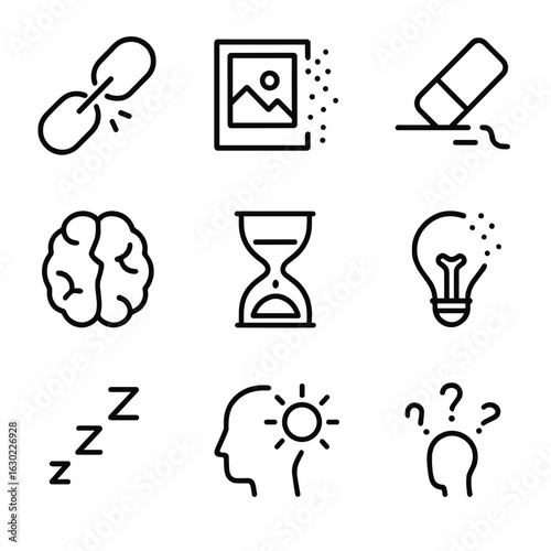 Memory Degradation Icons. Outline icon set of memory degradation signs: broken chain, fading photo, eraser, cracked brain,
