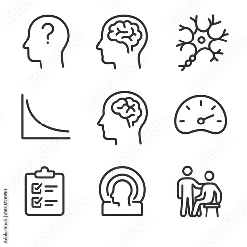 Memory Loss Icon Set. Outline icon set of memory loss and disorders: amnesia head silhouette, dementia brain outline, Alzheimer’s