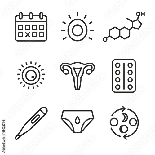 Menstrual Cycle Icons. Outline icon set of menstrual cycle: calendar, ovulation, hormone, egg cell, uterus, pill, thermometer,
