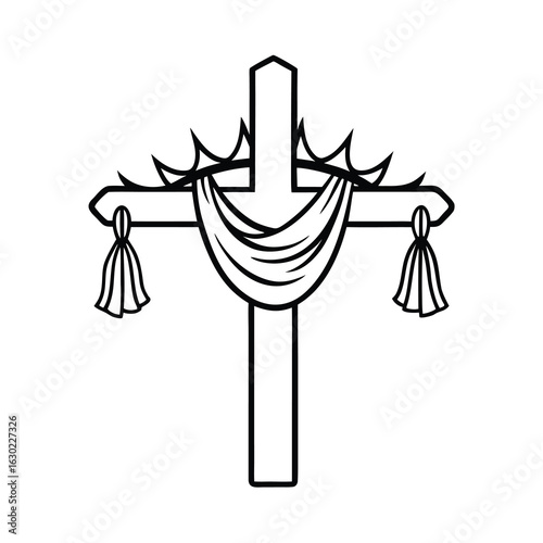 christian cross with crown of thorns and drape on white background 
