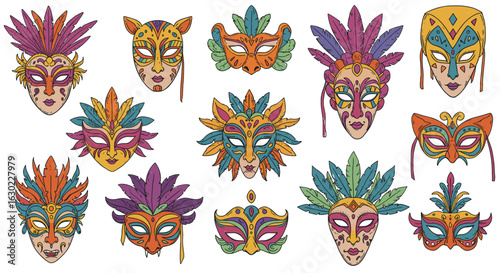 Colorful Brazilian carnival masks in various styles and designs  