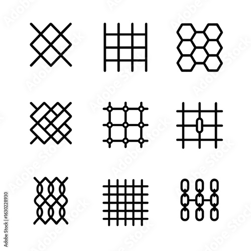 Mesh Pattern Icons. Outline icon set of netting patterns: diamond mesh, square mesh, hexagonal mesh, twill mesh, knotted mesh,
