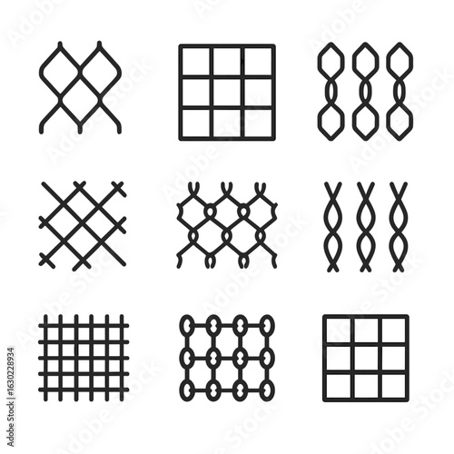Mesh Pattern Icons. Outline icon set of netting patterns: diamond mesh, square mesh, hexagonal mesh, twill mesh, knotted mesh,