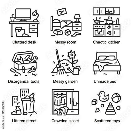 Messy Icon Set. Outline icon set of mess situations: cluttered desk, messy room, chaotic kitchen, disorganized toolbox, messy