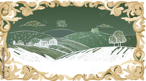 Chalk-Drawn Frame Surrounding a Clean Pastoral Landscape on Soft Blackboard Background