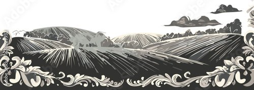 Chalk-Drawn Frame Surrounding a Clean Pastoral Landscape on Soft Blackboard Background