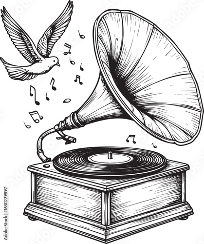 Vintage Gramophone with Flying Bird, Hand-Drawn Engraving