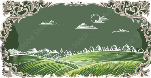 Chalk-Drawn Frame Surrounding a Clean Pastoral Landscape on Soft Blackboard Background