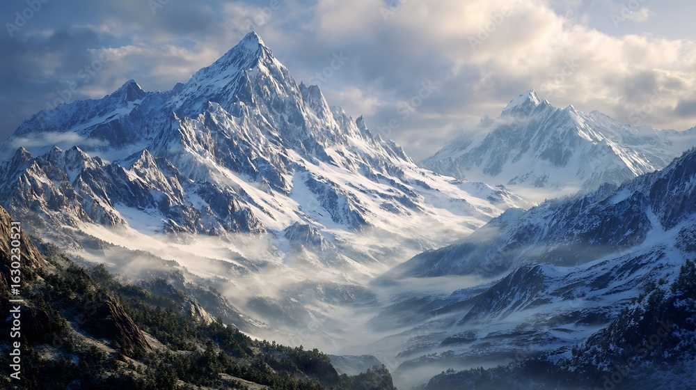 Fototapeta premium Snowy mountain peaks against a cloudy sky.