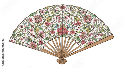 Elegant Floral Pattern Handheld Fan for Summer Cooling and Fashion Accessories isolated on transparent background