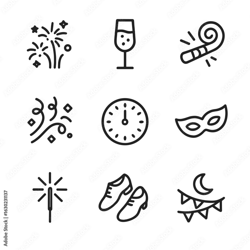 Fototapeta premium Midnight Celebration Icons. Outline icon set of midnight celebrations: fireworks, champagne glass, party horn, confetti, clock