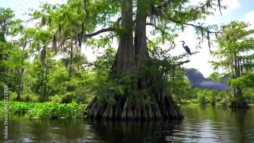 Scenic Louisiana Swamp Landscape with Bald Cypress Trees and Great Blue Herons