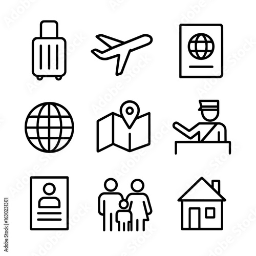 Migration Icon Set. Outline icon set of human migration: suitcase, airplane, passport, globe, map pin, border crossing,
