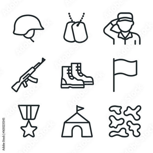 Military Icon Set. Outline icon set of military discipline: helmet, dog tags, saluting soldier, rifle, boots, flag, medal, command