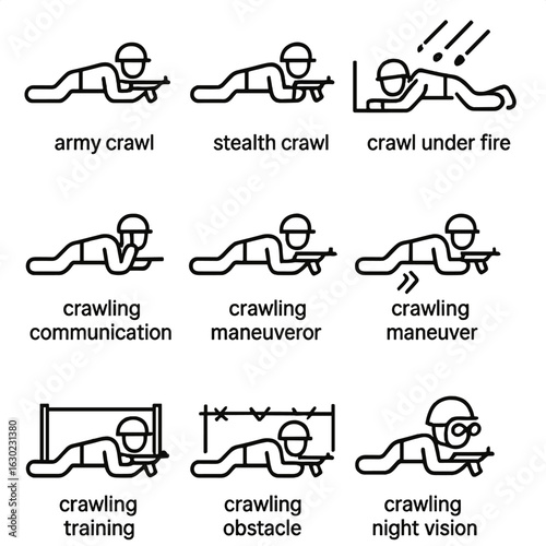 Military Crawling Icons. Outline icon set of crawling in military and tactical: army crawl, stealth crawl, crawl under fire, crawl