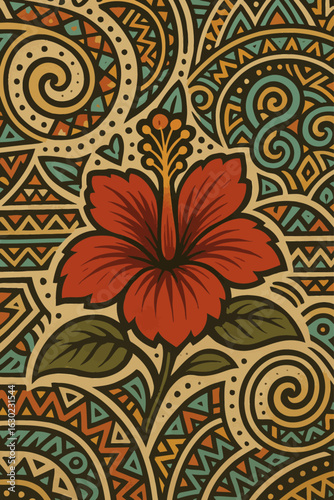 Tribal-style floral illustration featuring a bold red hibiscus flower set against intricate Polynesian-inspired geometric patterns, blending tropical beauty with traditional Pacific Island art aesthet