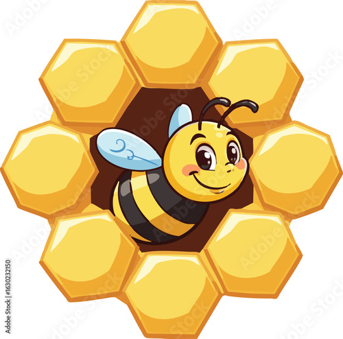 Vector cartoon illustration of honey bees, honeycomb cells, and a beehive with yellow beeswax and sweet golden honey