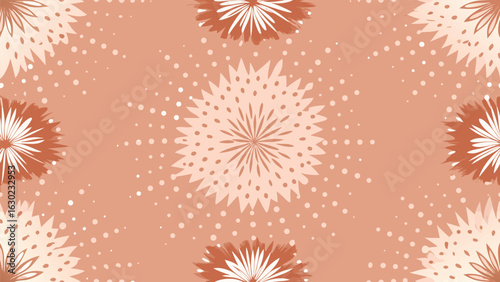 Art of a seamless pattern of stylized floral elements with radiating petals and a dotted background