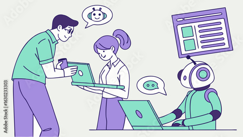Collaborative Team with AI Assistant Working on Laptops.