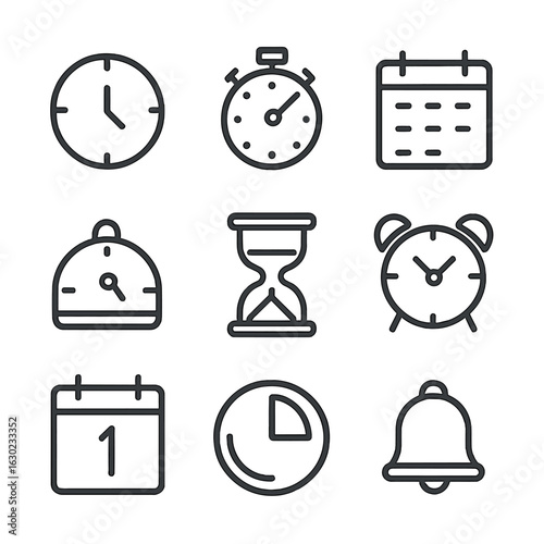 Minimal Time Icon Set. Outline icon set of time icons: clock, stopwatch, calendar, timer, hourglass, alarm, date picker, countdown