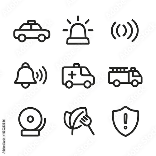 Minimalist Icon Set. Outline icon set of siren howl: emergency vehicle outline, siren light beacon, rotating light lines,