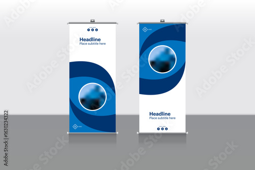 A business roll-up banner template ideal for brochures, flyers, infographics, and various business displays. It features contemporary x-banner advertising styles and is available in vector eps 10.