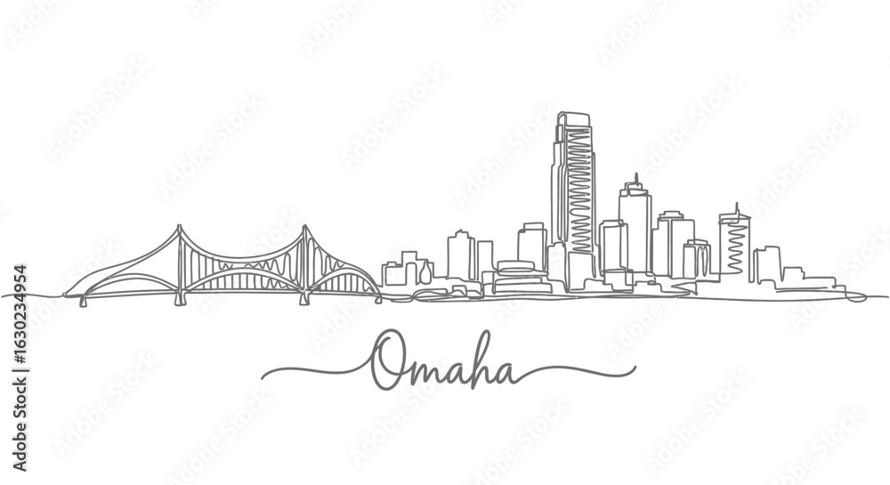 Obraz premium Omaha Nebraska Skyline Continuous Line Art with Cityscape Illustration.