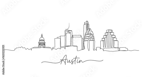 Austin Texas Skyline One Line Art with USA Cityscape Illustration.